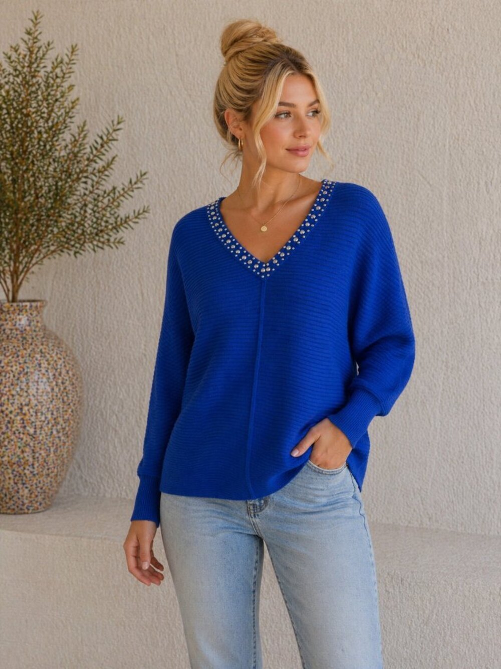 Cyrus Royal Blue Sweater 3X Embellished Neckline Knit Top Plus Size